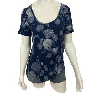 Lucky Brand Women’s Blue Floral Blouse Top Shirt Scoop Neck Size L Short Sleeve